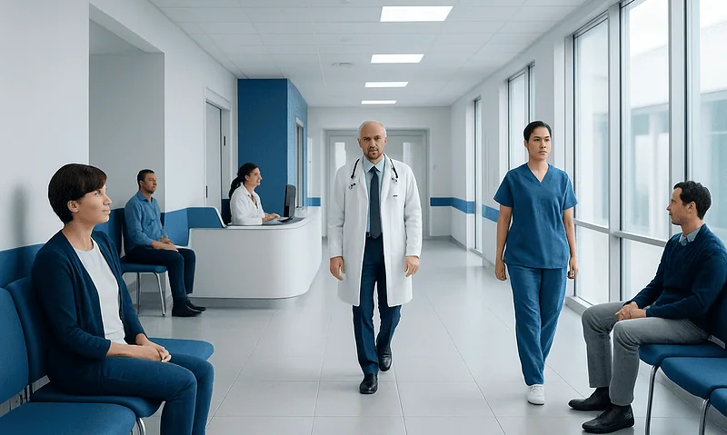 Medical consultation in a modern hospital corridor with doctors and patients.