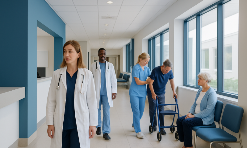 Healthcare professionals assisting elderly patient in hospital corridor.