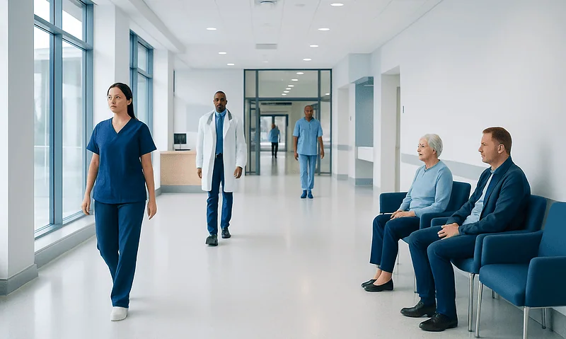 Healthcare professionals and patients in a modern hospital corridor.