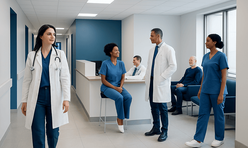Medical team and patients in a hospital corridor at Acibadem Hospitals Group.
