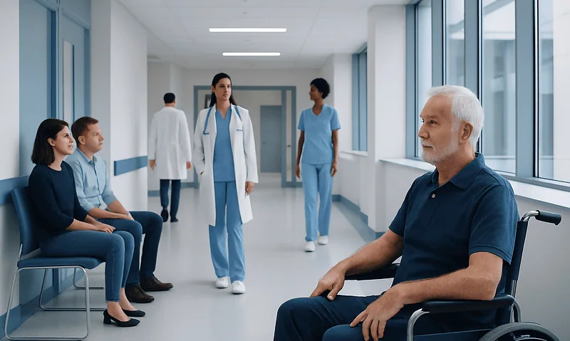 Hospital corridor with patients and medical staff, elderly man in wheelchair.