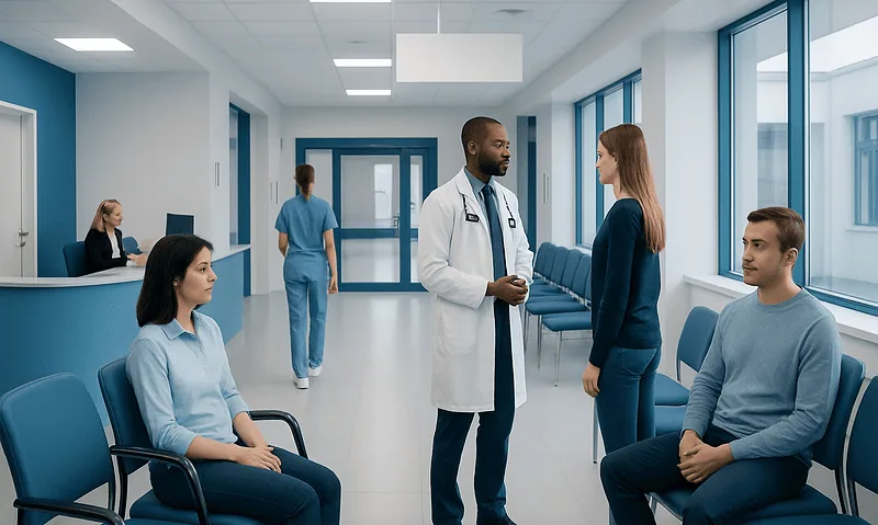 Doctor consulting with female patient in hospital corridor with waiting area.