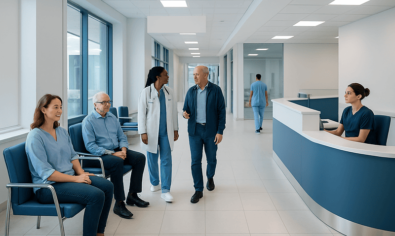 Patients and medical staff in a modern hospital waiting area.