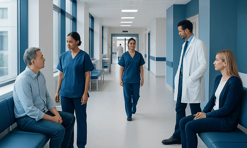 Medical consultation in hospital corridor with healthcare professionals and patient.