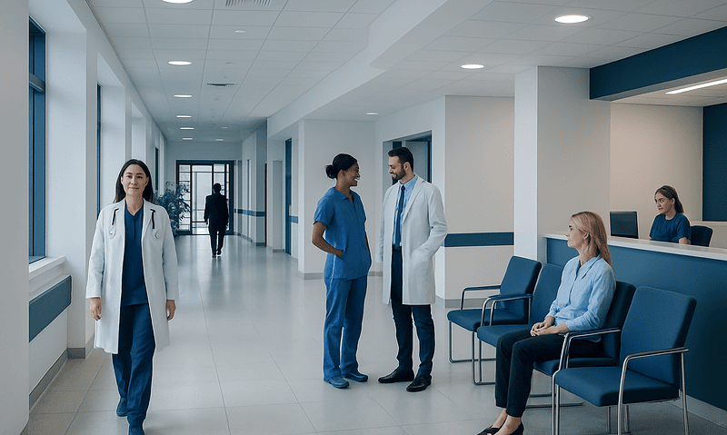 Healthcare professionals and patients in a hospital corridor at Acibadem Hospitals Group.