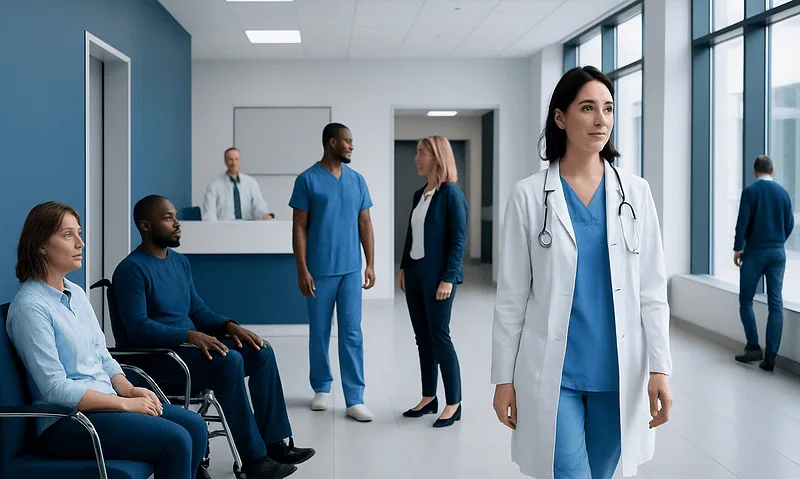 Healthcare professionals and patients in a modern hospital corridor.