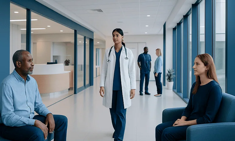 Medical consultation in a modern hospital corridor with doctor and patients.