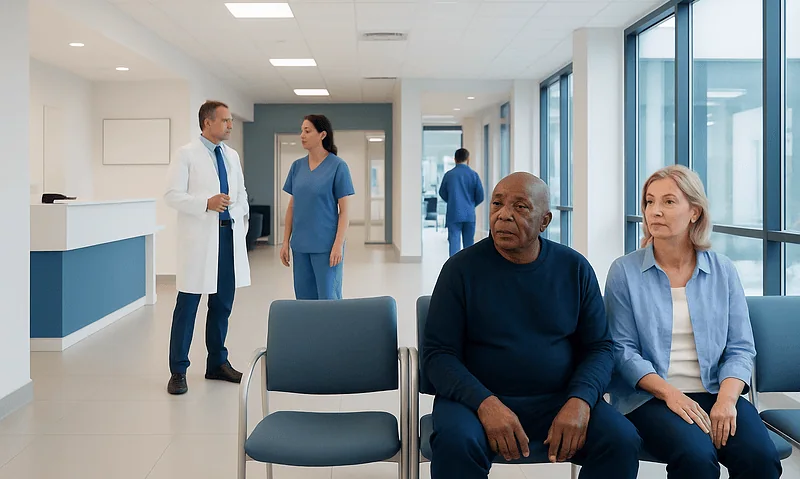 Patients waiting in a hospital corridor at Acibadem Hospitals Group.