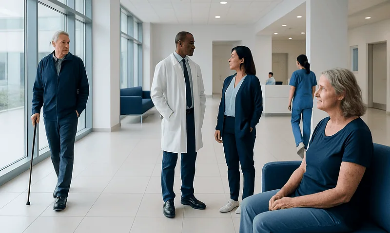 Patients and medical staff in a modern hospital corridor.