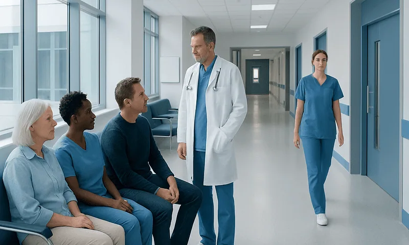 Doctor consulting with diverse patients in hospital corridor.