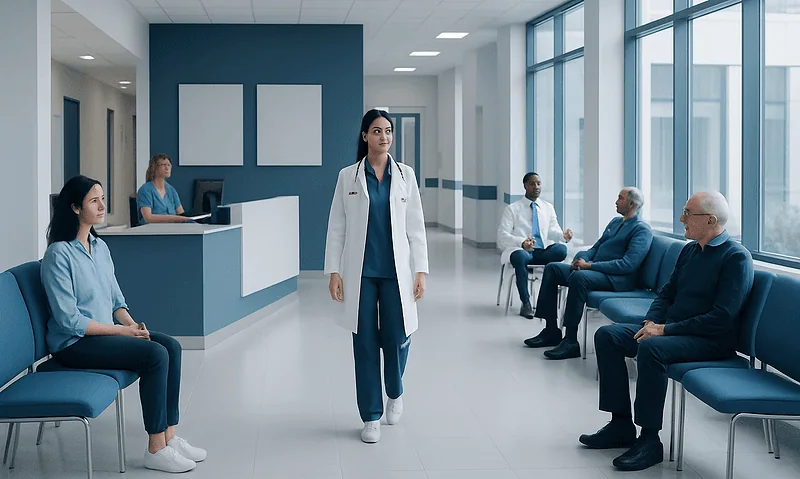 Hospital waiting area with medical staff and patients.