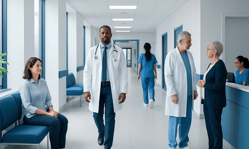 Medical professionals and patients in a hospital corridor at Acibadem Hospitals Group.