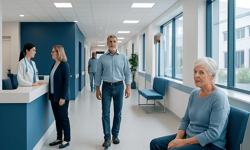 Hospital corridor with elderly woman waiting and staff at reception desk.