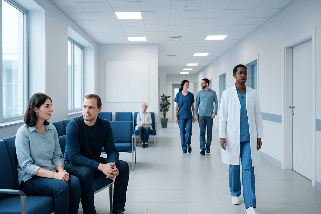 Paranoid Schizophrenia: A Complete Medical Overview 1 Hospital corridor with patients and medical staff in a modern healthcare facility.