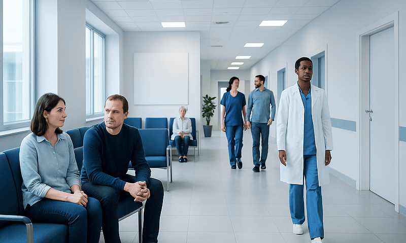 Hospital corridor with patients and medical staff in a modern healthcare facility.