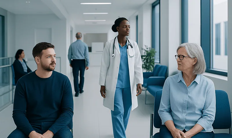 Doctor consulting with a patient in a hospital corridor.