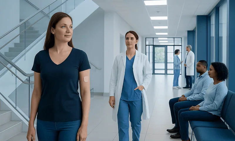 Patient with a bandage on her arm in a hospital corridor.