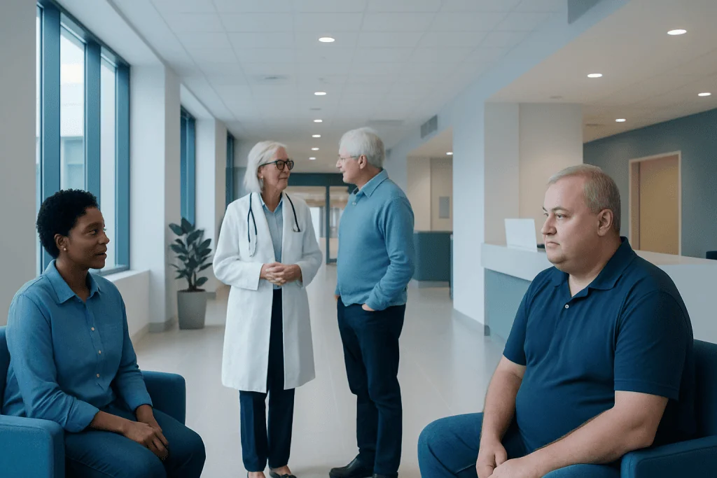 Diabetes Ii Mellitus: An Evidence-Based Guide for Patients 1 Medical consultation with doctor and patients in hospital corridor.