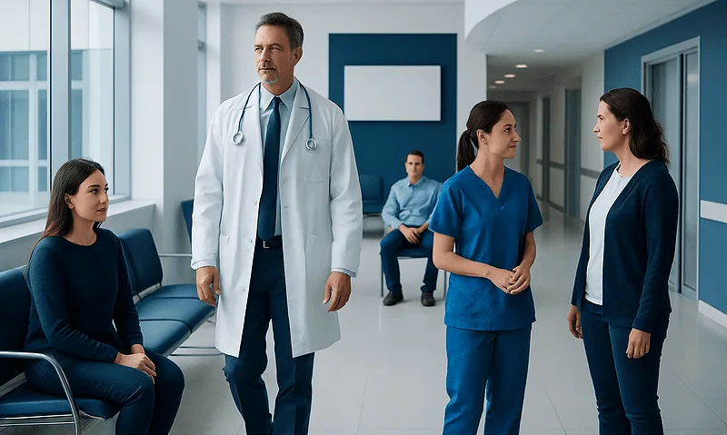 Medical team discussing patient care in hospital corridor.