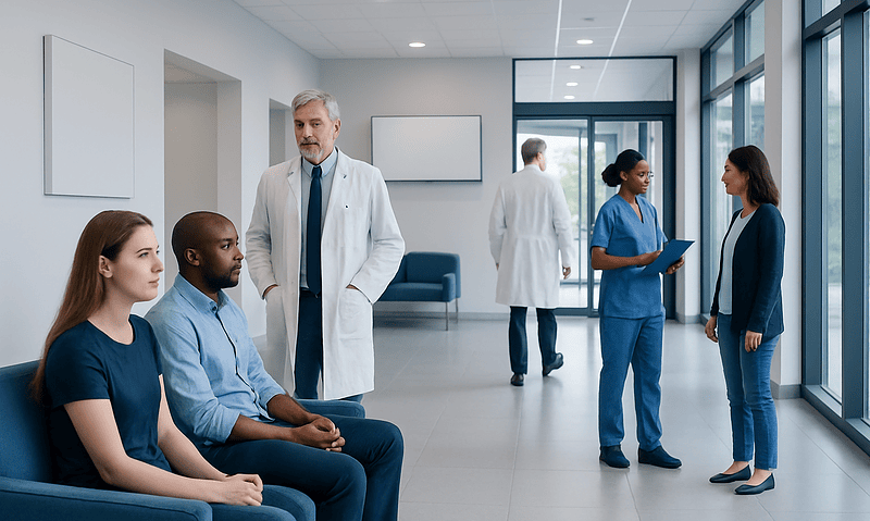 Medical consultation with healthcare professionals in a modern hospital.