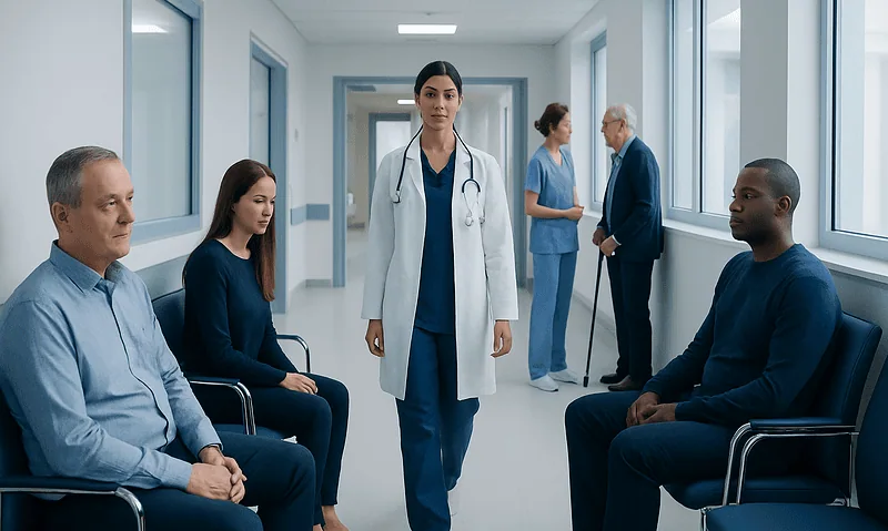 Medical professionals and patients in a hospital corridor.