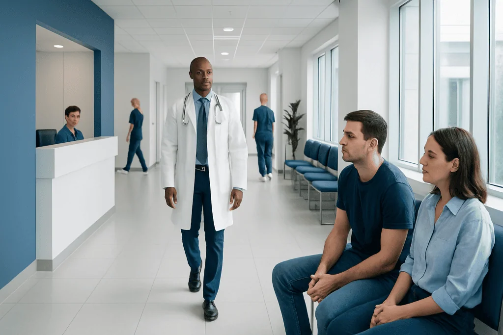 Testicular Torsion: What Patients Need to Know 1 Doctor consulting with patients in hospital corridor at Acibadem Hospitals.