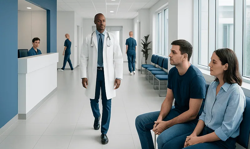 Doctor consulting with patients in hospital corridor at Acibadem Hospitals.