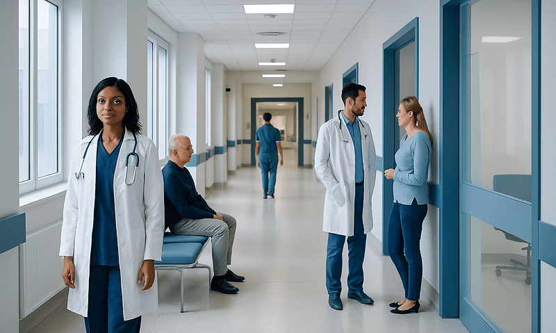 Healthcare professionals and patients in a modern hospital corridor.