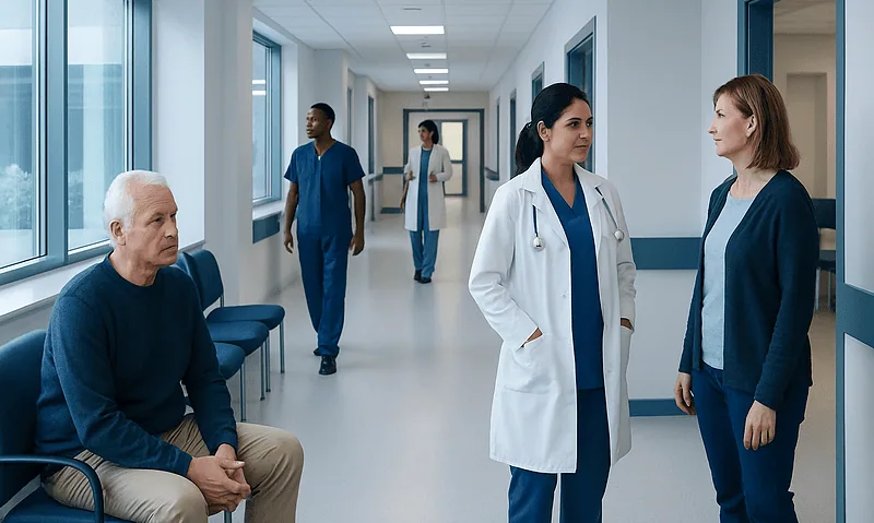Hospital corridor with medical staff and patient in a healthcare setting.