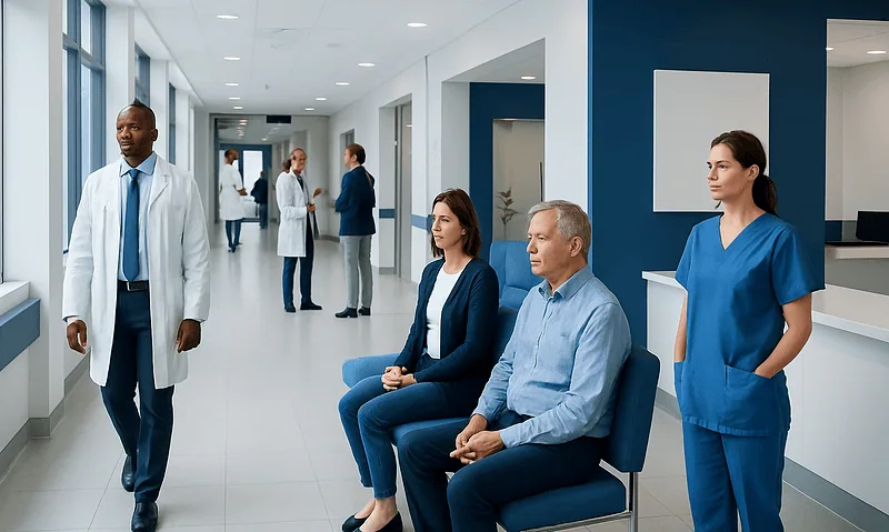 Hospital waiting area with medical staff and patients at Acibadem Hospitals Group.