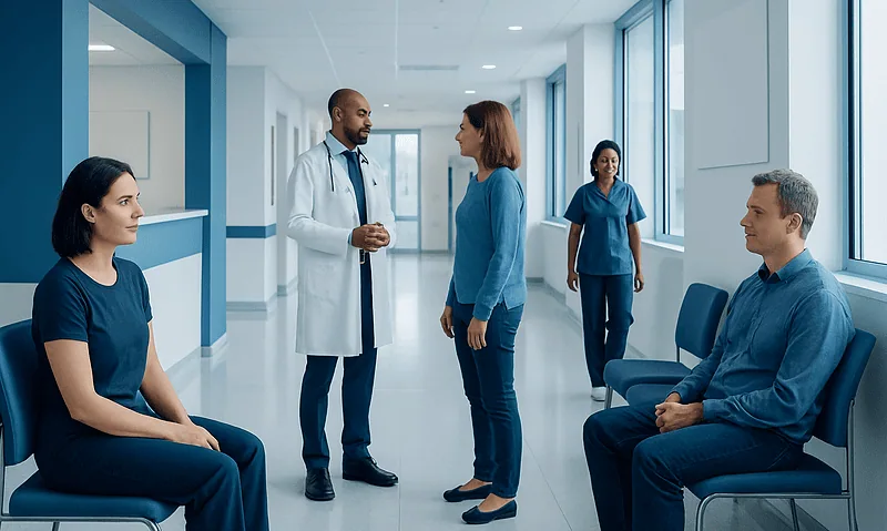 Medical consultation in hospital corridor with patients and doctor.