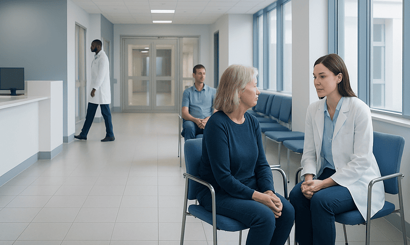 Doctor consulting with elderly patient in hospital waiting area.