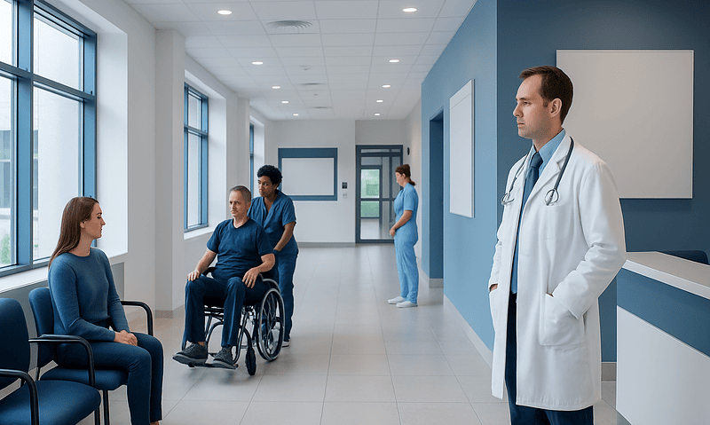 Medical consultation in hospital corridor with doctor and patients.