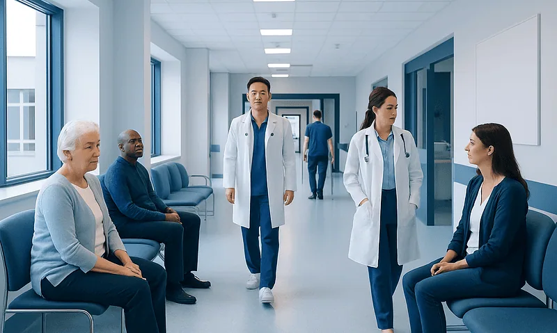 Medical team consulting patients in a hospital corridor.