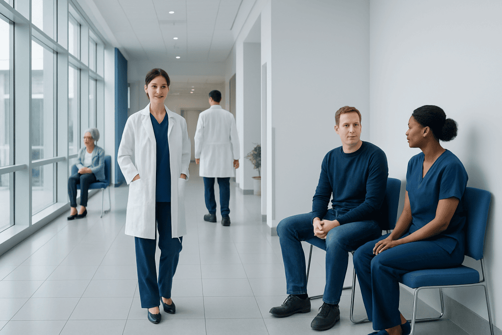 Optic Neuritis and Multiple Sclerosis: When Vision Changes Need Urgent Care 1 Medical professionals and patients in a modern hospital corridor.