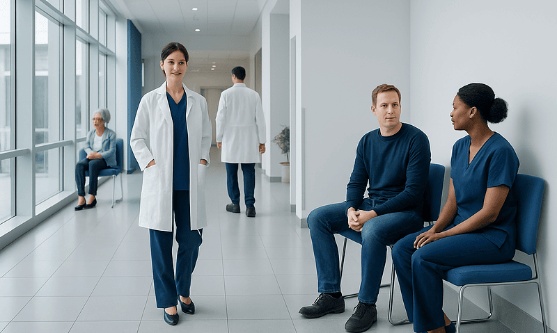 Medical professionals and patients in a modern hospital corridor.