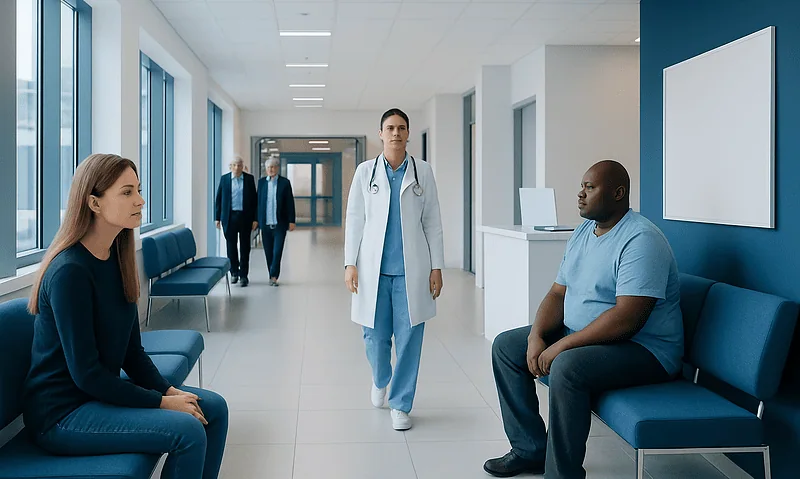 Medical consultation in a modern hospital corridor with doctor and patients.