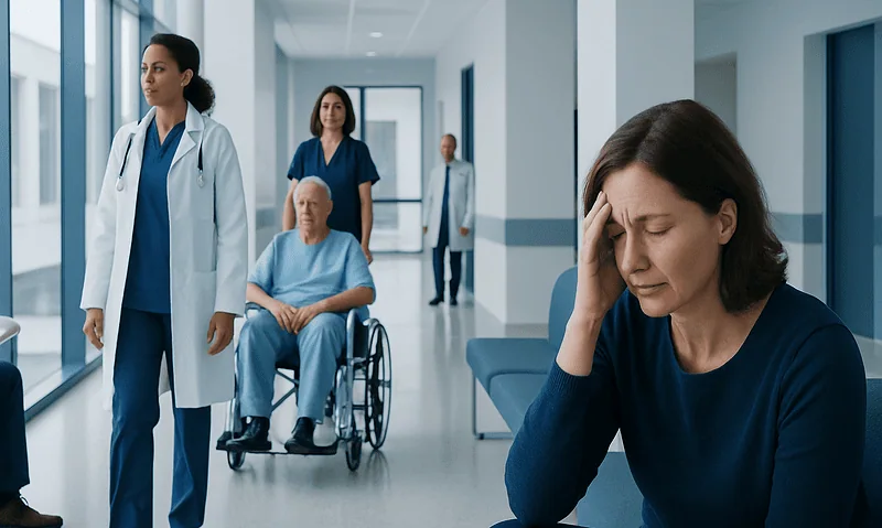 Patient with headache in hospital corridor with medical staff nearby.