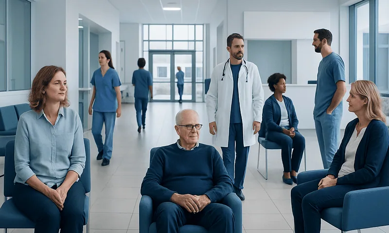 Medical team and patients in a hospital corridor for cognitive disorder assessment.