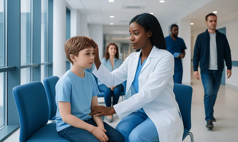 Pediatric neurologist examining a young boy in a hospital corridor.