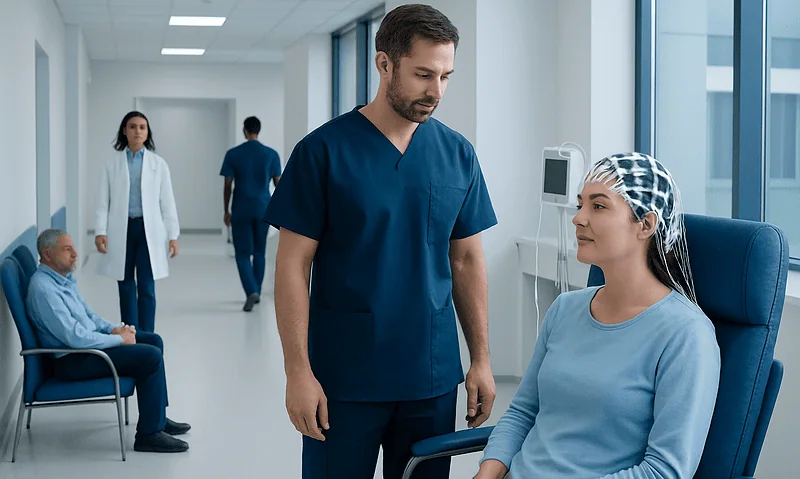 Healthcare professionals discuss patient during EEG monitoring in hospital.