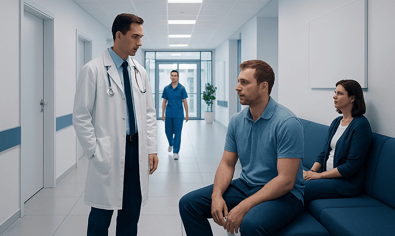 Doctor consulting male patient in hospital corridor with nurse in background.