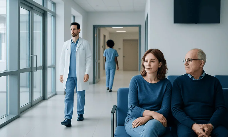 Hospital waiting area with patients and medical staff at Acibadem Hospitals Group.