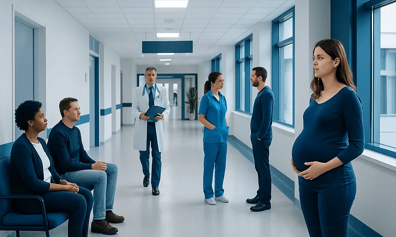 Pregnant woman in hospital corridor with medical staff and patients.