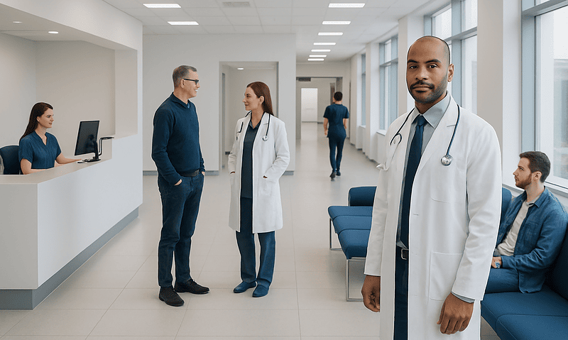 Medical professionals and patients in a modern hospital corridor.