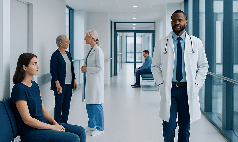 Medical professionals and patient in a modern hospital corridor.