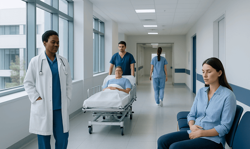 Medical team attending to a patient in a hospital corridor.
