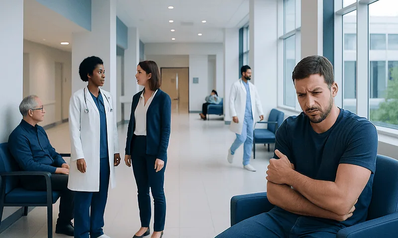 Patient experiencing shoulder pain in hospital corridor with medical staff nearby.