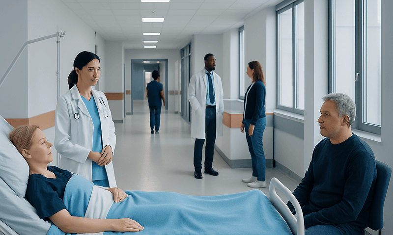 Hospital corridor with medical staff and patients in a healthcare setting.