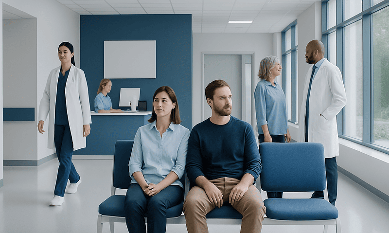 Patients waiting in a modern hospital corridor with medical staff nearby.